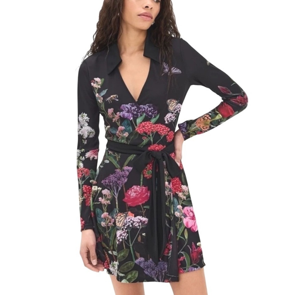 Alice + Olivia Millicent Wrap Dress Black Floral Butterfly Long Sleeve Mini 10 - Picture 6 of 15